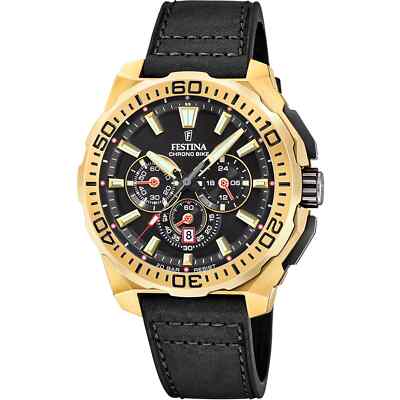 Festina Chrono Bike F207283 Men's Black Leather Strap Analog Dial Watch 45.5 mm