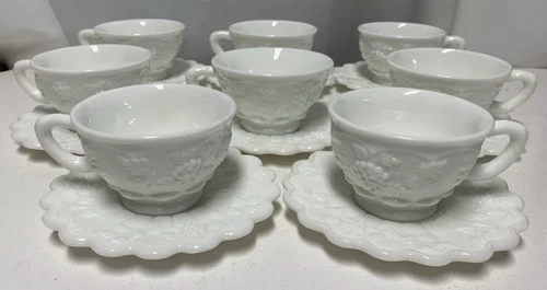 Westmoreland Milk Glass Paneled Grape 8 Tea Cups & 8 Saucers Set 16 Pieces