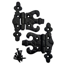 Black Antique Hinges (pair + fixings): 12" Ornate /  Unequal / Butterfly Hinges