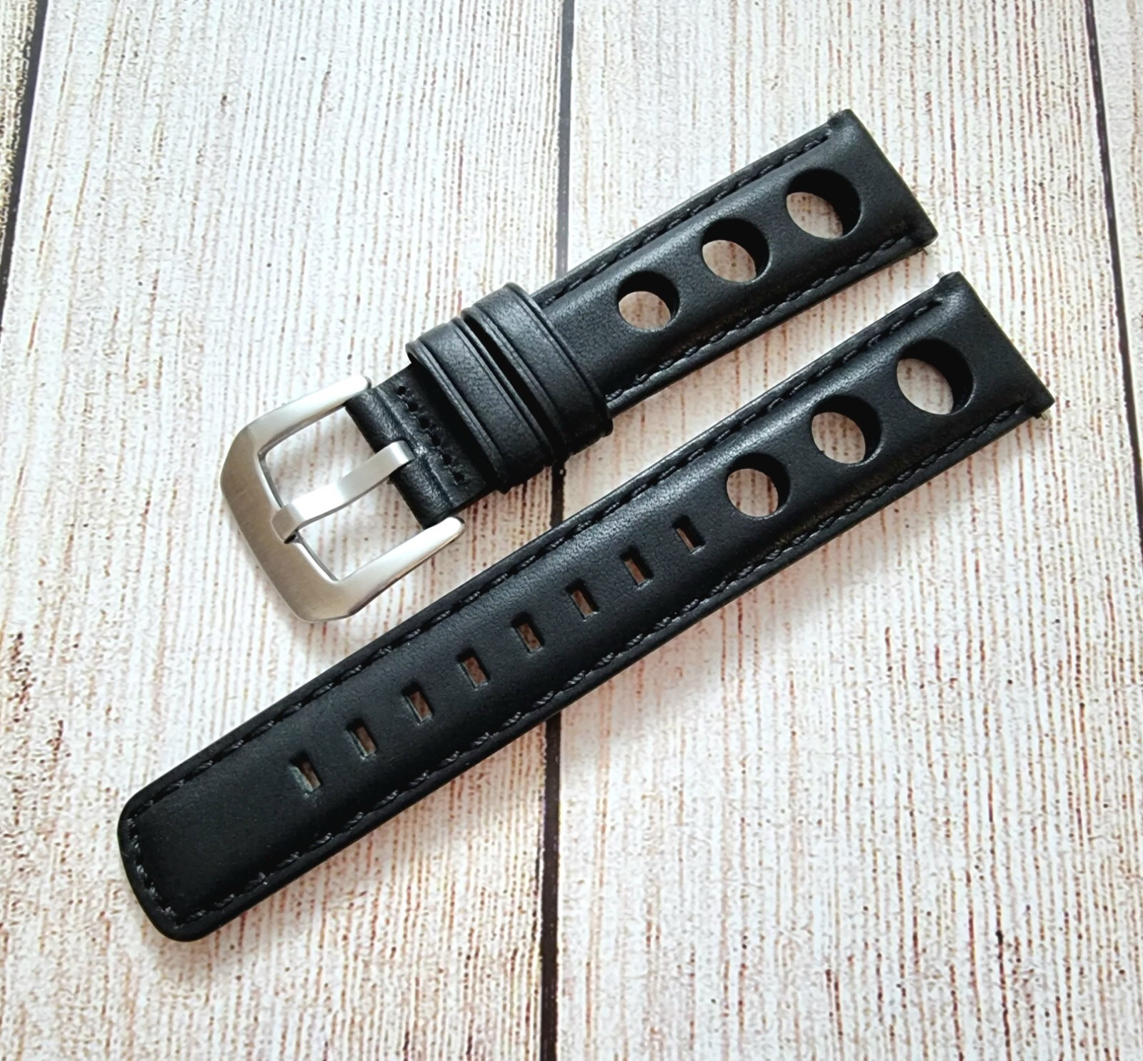 Finest Italian Leather Hole Punch Watch Strap 18mm 20mm 21mm 22mm Black