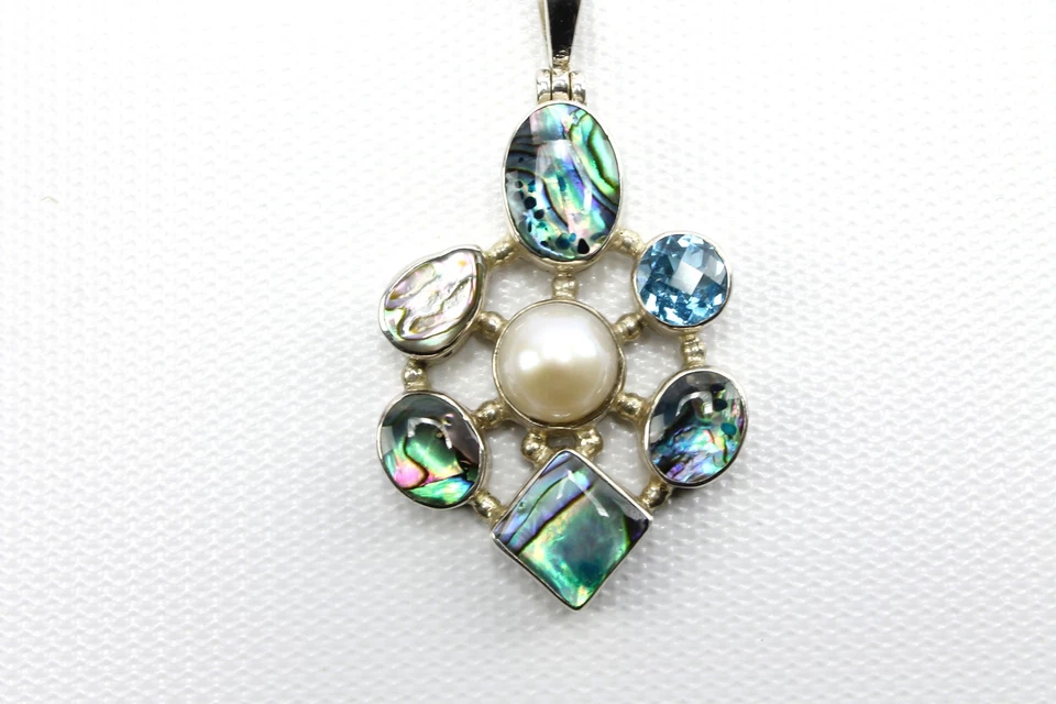 Freeform Abalone & Pearl Sterling Silver Pendant & Chain Necklace - Image 3 of 4