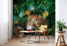Leopard wallpaper photo wall mural green bedroom living room animal jungle