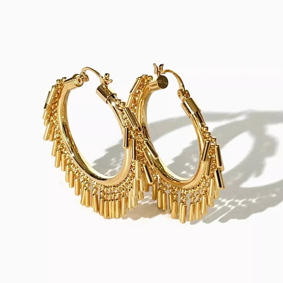 Statement Hoop Earrings Tassel Hoops Beaded Large Dangle Big Modern Gold Silver - Image 2 of 4