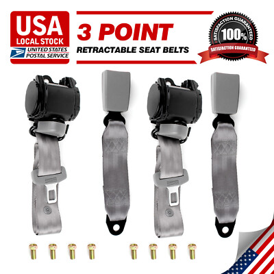 2PCS Gray 3 Point Seat Front Belt Buckle Kit Automatic Retractable Safety Strap
