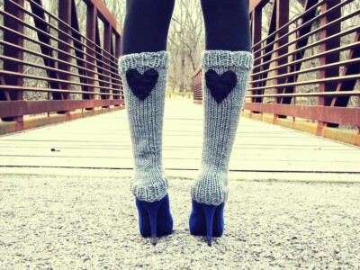 Womens Knit Leg Warmers Handmade Ladies Leggings Gray Heart Legwear Teens Grey