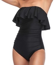 NWT Women s Smismivo One Piece Ruffle Flounce Ruched Swimsuit Black - Small