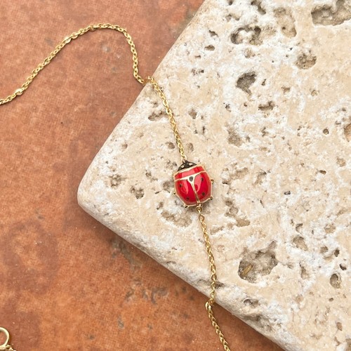 14KT Yellow Gold Enamel Lady Bug Pendant Charm Red 6.5" Chain Bracelet Good Luck - Picture 2 of 10