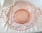 Pink Depression Glass Octagonal Bowl with Hand Painted Blue Flowers