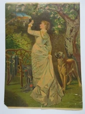 1883 chromolithograph print Woman feeding parrot with dog 10" x 14"