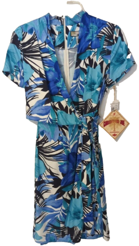NWT Dress Blue Hawaiian Faux Wrap Womens Petite Medium Cruise tripCaribbean Joe