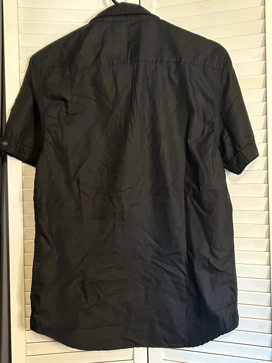 GUESS Negro Tejido Sólido Mezcla de Algodón Para Hombres Cuello Punto S Mangas Cortas Bolsillos