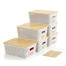 Small Plastic Storage Bins with Bamboo Lids 5.2qt Stackable Box Basket Pantry