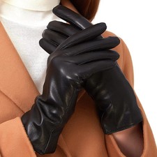 Lambskin Leather Touchscreen Gloves for Women, Cashmere Lined, Black