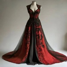 Gothic Wedding Dress Red And Black A-Line Vintage Lace Appliques Bridal Gowns
