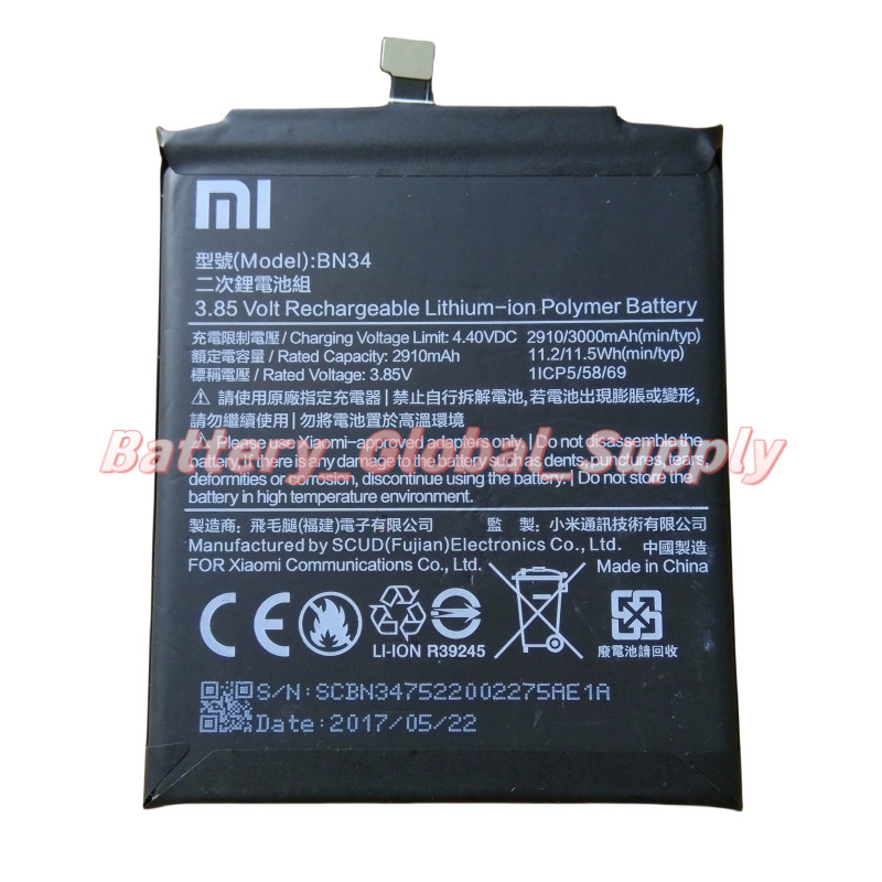For BN34 Xiaomi Redmi Mi 5A Mobile Phone Battery 3.85V 2910m