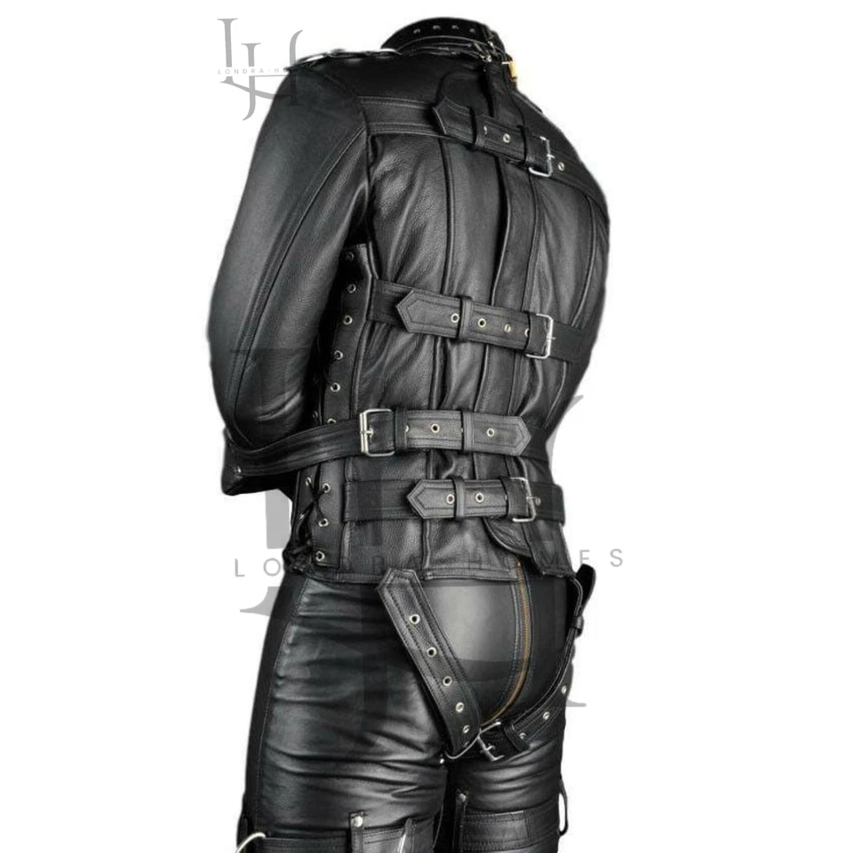 Traje de sujeción de cuero de cuerpo completo para hombre - Equipo de bondage BDSM con hebillas y anillo en D Foto 2 de 2