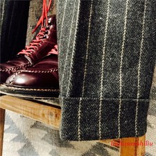 Men's British Woolen Striped Straight Pants Mix Warm Retro Herringbone Trousers