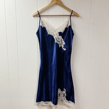 Vtg 90s Gold Label Victoria s Secret Satin Lace Chemise Slip Dress Medium Blue