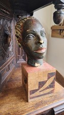 Vintage Plaster Head Sculpture  African Woman With Wooden Base 19 Inches Tall
