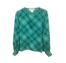 Carlisle Women Blouse Size 8 Vintage 100% Silk Green Plaid Blouse Long Sleeves