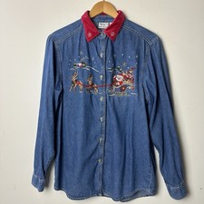 Vtg 80s 90s Bobbie Brooks Denim Shirt Button Embroidery Santa Sleigh Christmas M