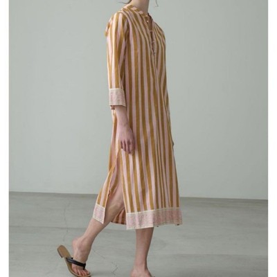 SZ Blockprints x Ron Herman Stripe Dress Pink Khaki S Shoulder 39cm 15.35in