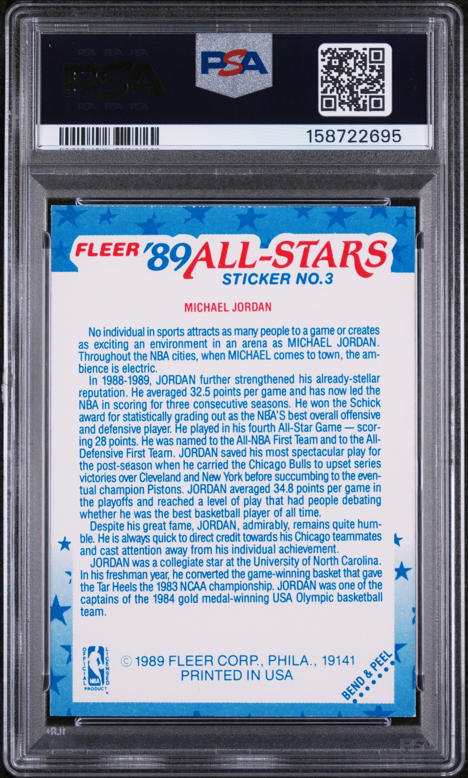 1989 Fleer Sticker #3 Michael Jordan PSA 8 Bulls HOF NBA Basketball Vintage Card view 2