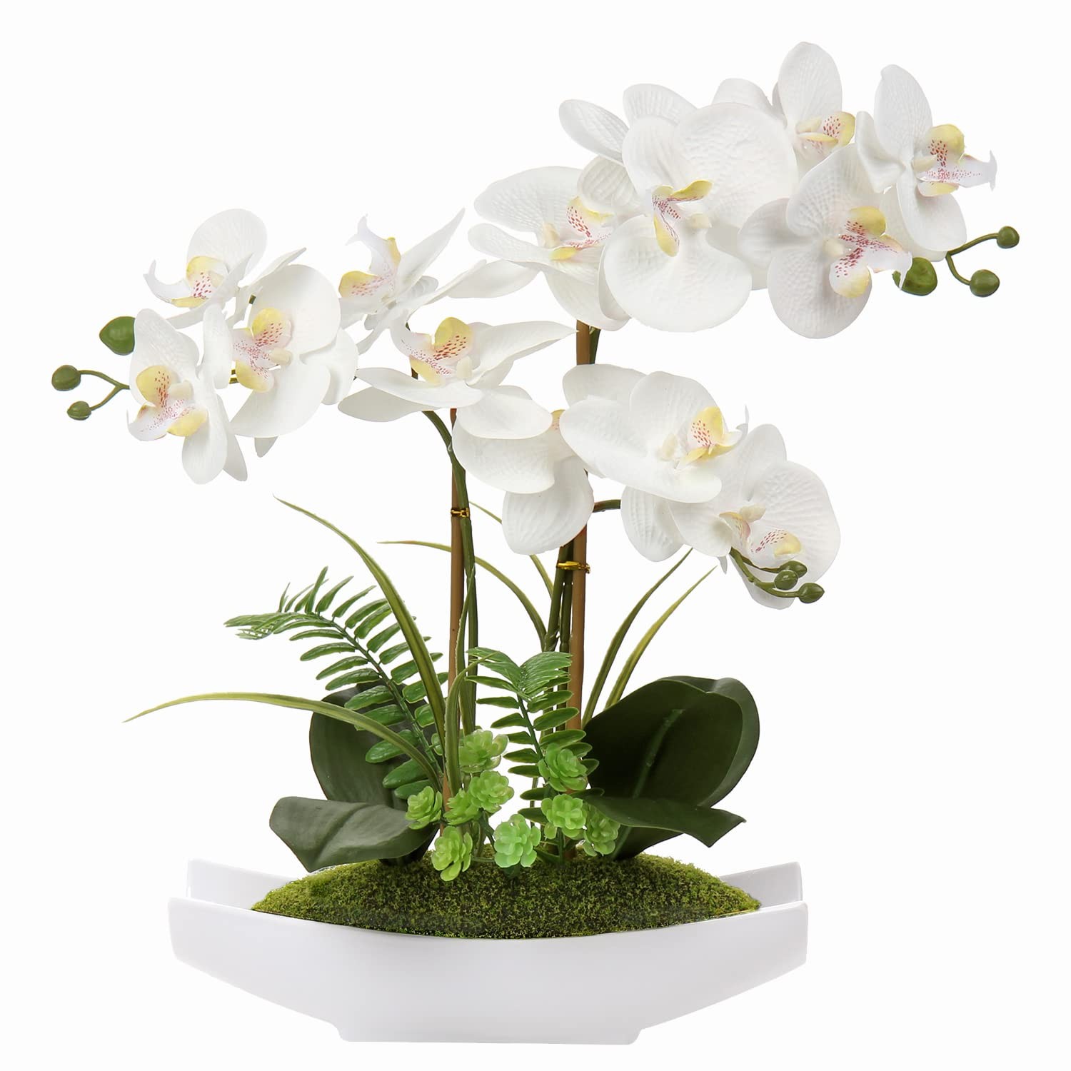 Briful White Orchid Artificial Flowers in Pot - Fake 15"" Three Stems,