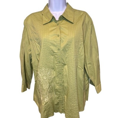 NWT Talbots Womens Olive Green Embroidered Button Down XL Lightweight Stretch