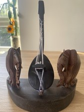 Vintage African Hand-Carved Wooden Elephant Stringed Instrument Decor (21cm)
