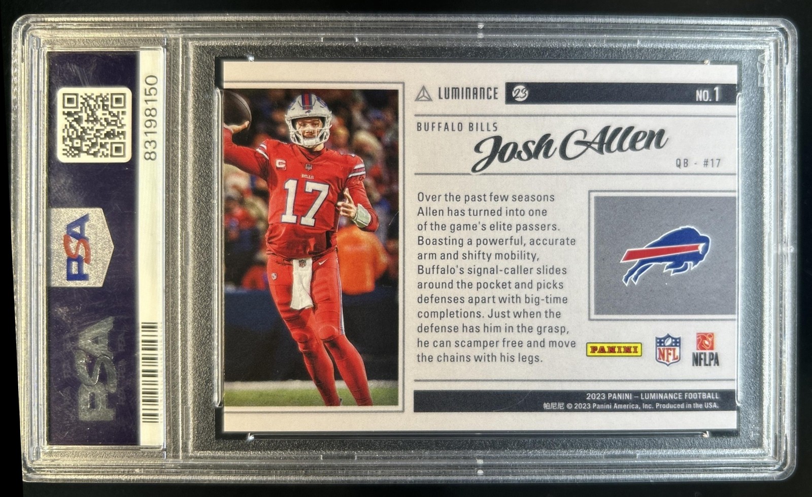 2023 Panini Luminance Josh Allen Vestige Platinum #1/1 Bills PSA 9 view 2