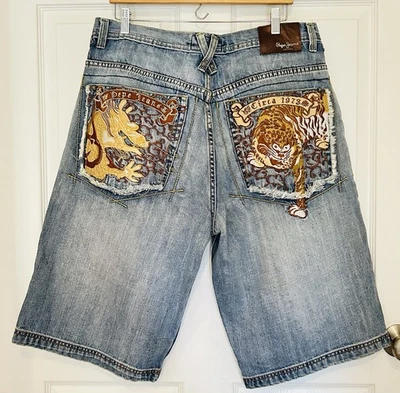 Vtg Pepe Jeans London Mens 38x14 Denim Shorts Embroidered Chinese Dragon Tiger - Image 1 of 4