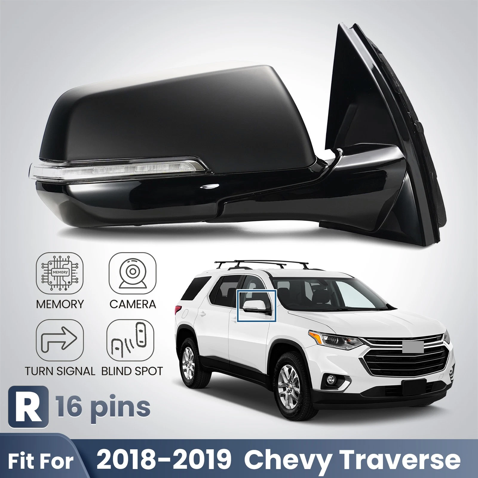 Side Mirror For 2018-2019 Chevy Traverse W/Turn Signal &BSD W/Camera 16pin Right