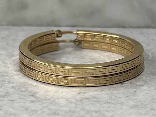 14K yellow gold keystone hoop earrings 5 grams Greek pattern - Picture 4 of 9