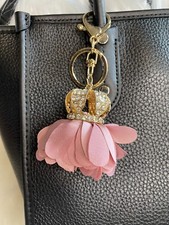 Pink Flower Bag Charm Keychain Key Fob Metal Bling Charm Keyring Gold