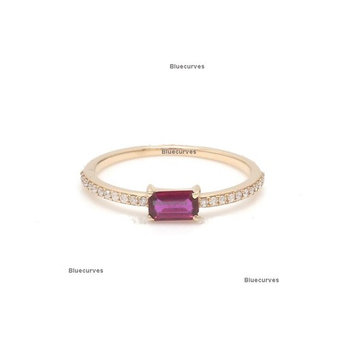 Emerald Cut Ruby & Natural Diamond Stack Band Ring Solid 14k Yellow Gold Ring - Picture 2 of 6