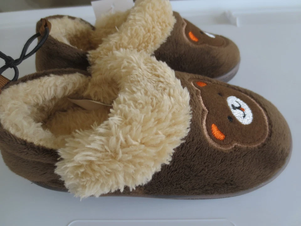 Новый мальчик ясельного возраста ** 5/6 ** 7/8 ** 9/10 ** медведь пушистый коричневый флисовые тапочки новый с Ярлыками! - Изображение 2 из 2