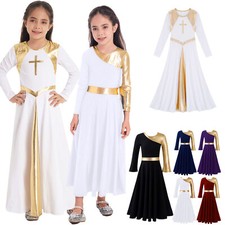 Kids Girls Metallic Praise Long Sleeve Asymmetrical Lyrical Contemporary Dress