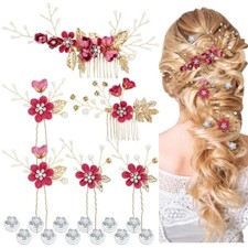 18 Pieces Bridal Wedding Party Prom Pearl Rhinestone Rose Red Flower Hair Sid...