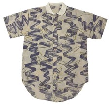 Vintage 1980s Geometric Abstract Art Grey Casual Button Up Shirt Large