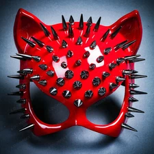 Cat Women Steampunk Halloween Sexy Party Face Mask with Silver Spikes Glossy Red