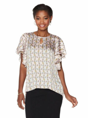 MELISSA MCCARTHY Size S Short Ruffle-Sleeve Keyhole Blouse RIBBON PINK