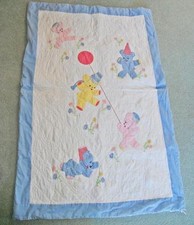 Sweet Vintage All Handmade BABY QUILT Applique Embroidery BEARS in PARTY HATS