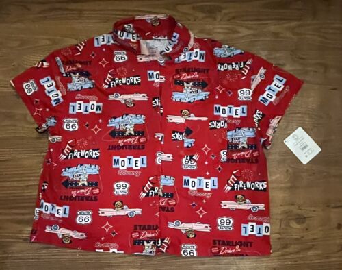 New Pajama Top L Red Route 66 Road Trip Loungewear Shirt Patriotic Travel