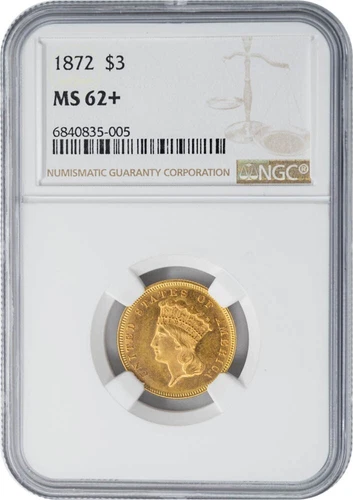 1872 $3 Gold Indian MS62+ NGC Pop 1, 7 finer! 948916-1