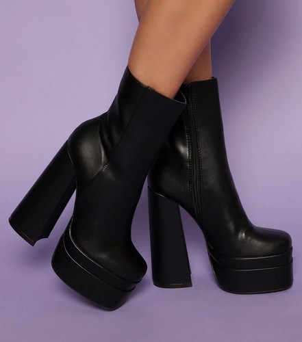 Liliana, TRENDY Black faux leather 6" heel double platform ankle boots, SZ 8.5