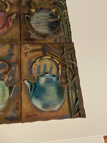 Vtg Tile Wall Plaques Asian Teapots & Bamboo By S. Vassilvea Set Of 4 Resin 90’s - Picture 3 of 14