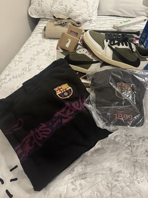 Jordan 1 Low Travis Scott Reverse Olive Size 8.5 w/FCB Cactus Jack Hoodie & Hat 