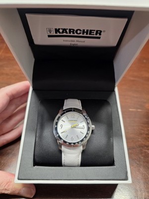 Kärcher watch with a white leather strap a tachymeter bezel NIB Needs Battery