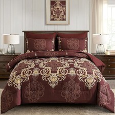 7 Pieces Burgundy Comforter Set King Size, Damask Bed in a Bag for King Bed, ...